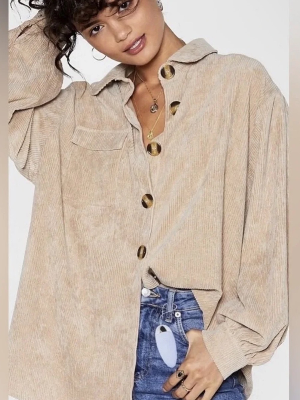 Nasty Gal Beige Corduroy Button-Down Shirt